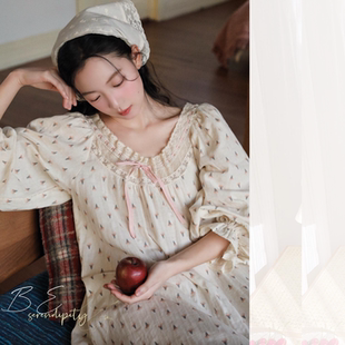 春秋新款带胸垫睡裙女纯棉长袖长款连衣裙子甜美韩版家居服睡衣女