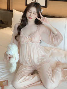 性感纯欲风带胸垫防凸点雾面纱睡衣女夏春季蕾丝边网纱家居服套装