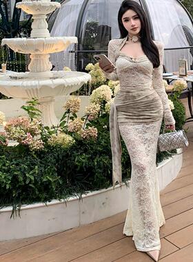SHINESTING【扎染风情】蕾丝透视晕染套装女抹胸上衣鱼尾半身裙
