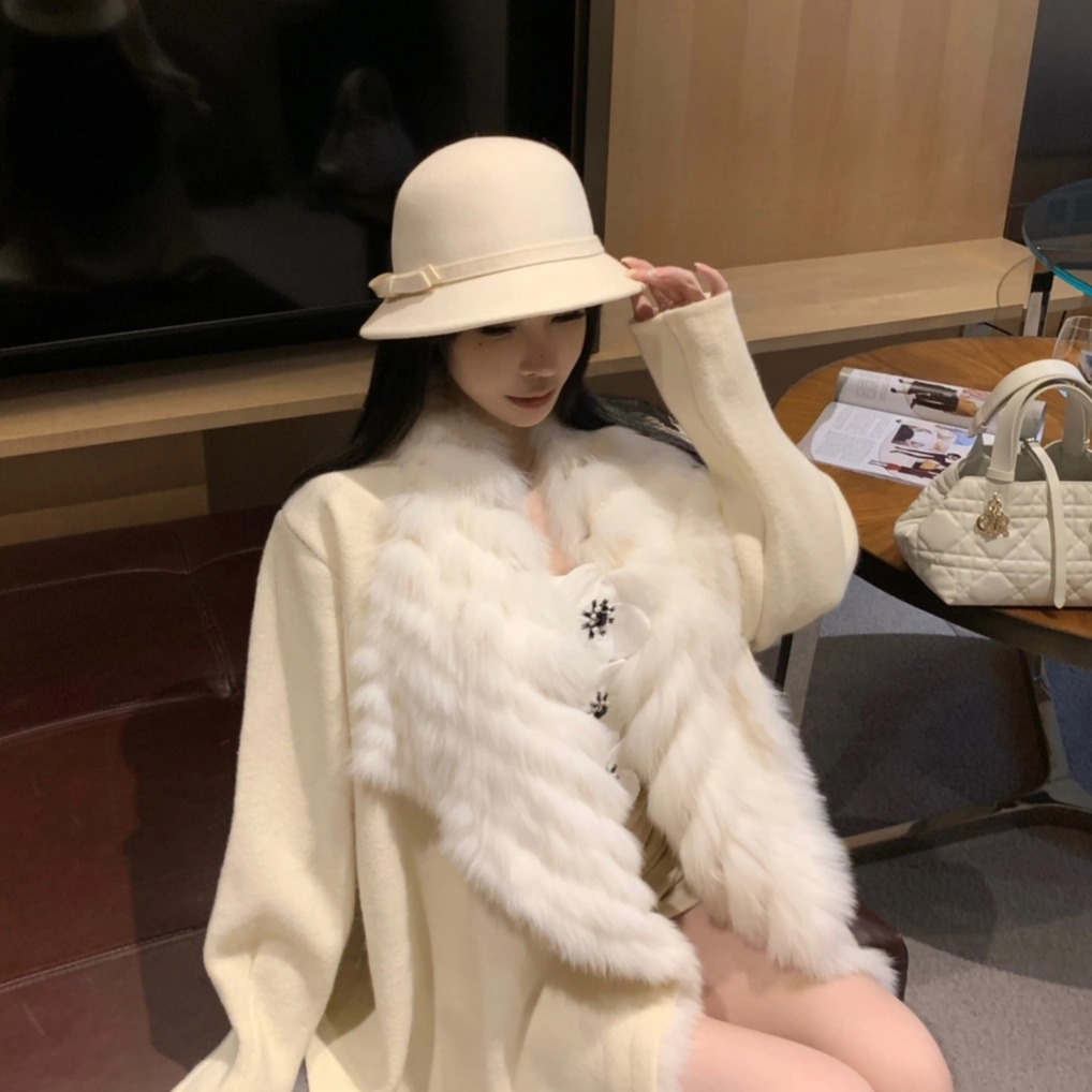 SHINESTING 狐狸毛皮草拼接针织外套女大翻领宽松毛绒开衫大衣