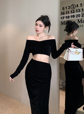 SHINESTING 御姐风丝绒套装女V领露肩上衣开叉半身长裙两件套