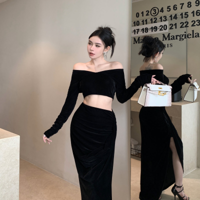 SHINESTING 御姐风丝绒套装女V领露肩上衣开叉半身长裙两件套
