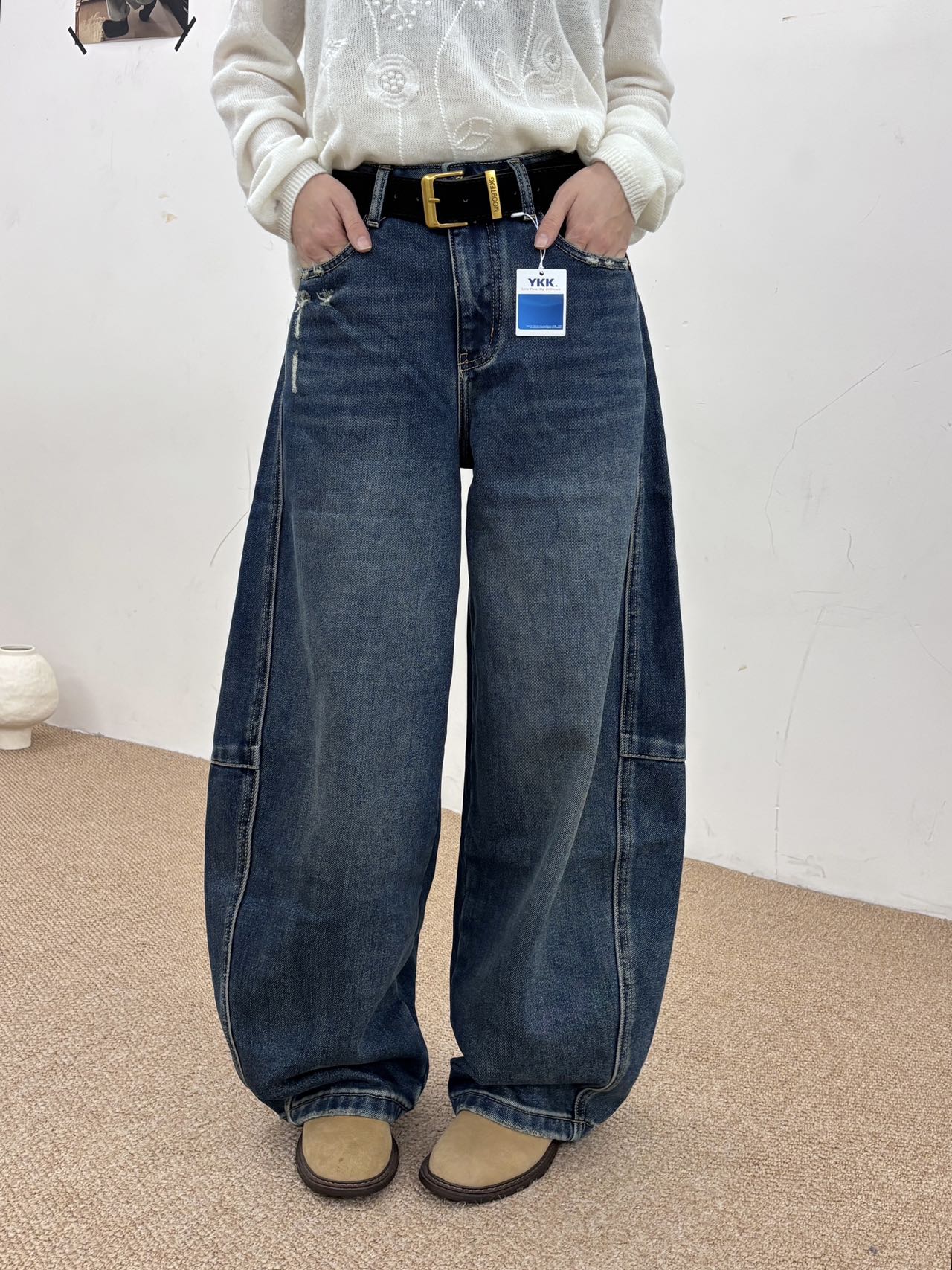 D7666复合绒阔腿弯刀牛仔裤女2025冬新款时尚气质高腰显瘦哈伦裤