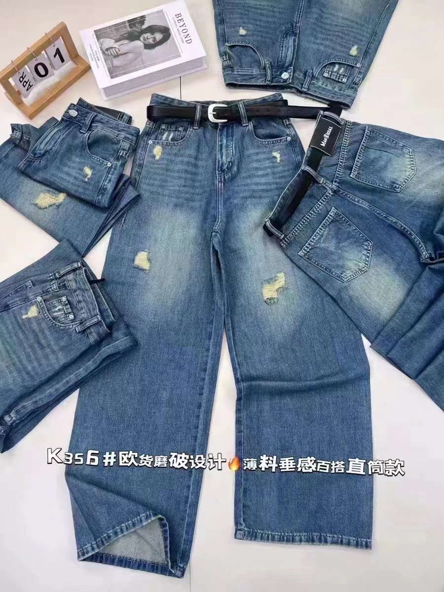 Jeans K356高腰宽松破洞薄料休闲长裤直筒裤女时尚显瘦阔腿牛仔裤 女装/女士精品 牛仔裤 原图主图