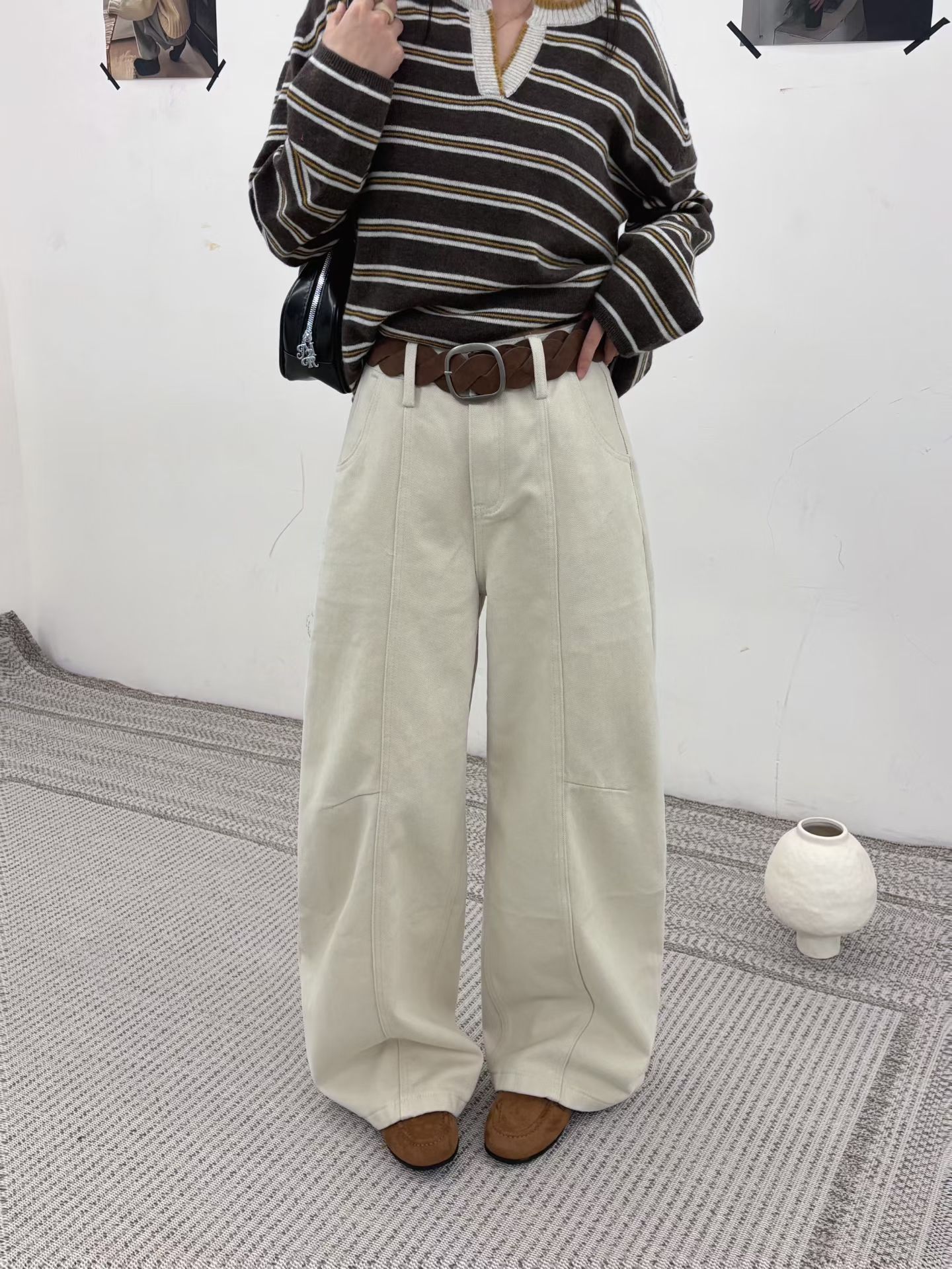 TS 7019-2欧货冬季新高腰显瘦加绒阔腿弯刀牛仔裤女宽松休闲裤潮