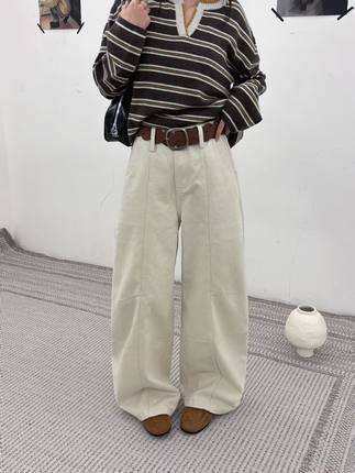 TS 7019-2欧货冬季新高腰显瘦加绒阔腿弯刀牛仔裤女宽松休闲裤潮