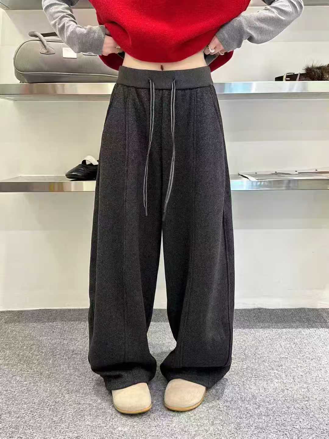 2025冬季新款时尚高腰加绒弯刀裤女宽松休闲阔腿裤香蕉裤潮