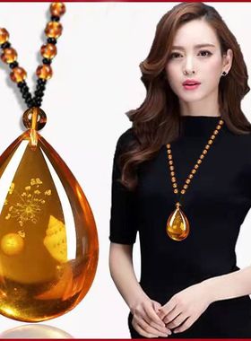 仿琥珀蜜蜡毛衣链镶嵌贝壳植物化石男女款时尚项链 会销直播礼品