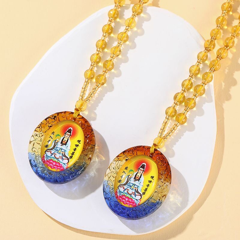 琉璃观音吊坠项链 仿蜜蜡珠链男女款结缘挂件 新中式佛牌毛衣链