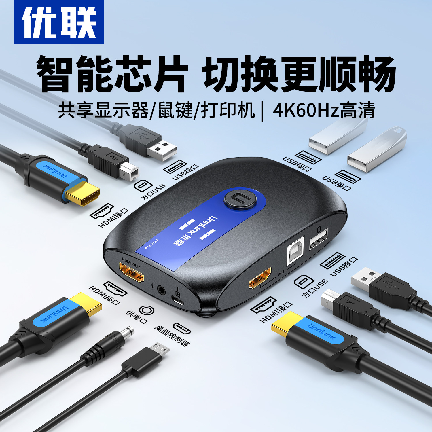 优联kvm切换器hdmi二进/四进一出一套键盘鼠标控制两台电脑2双主机共用一个显示器带多usb共享同步分配切屏器