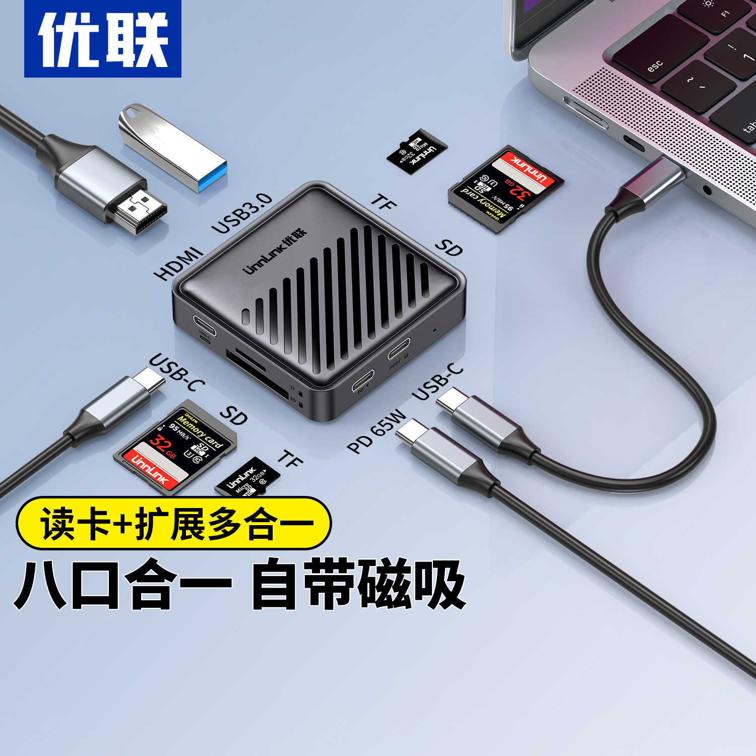 优联磁吸拓展坞扩展typec转HDMI集分线器SD+TF读卡器适用苹果mac电脑转接头手机笔记本usb雷电接口转换器hub