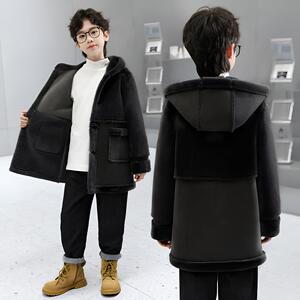 儿童皮草外套男2024冬季新款中长款洋气皮毛一体中大童毛毛绒大衣