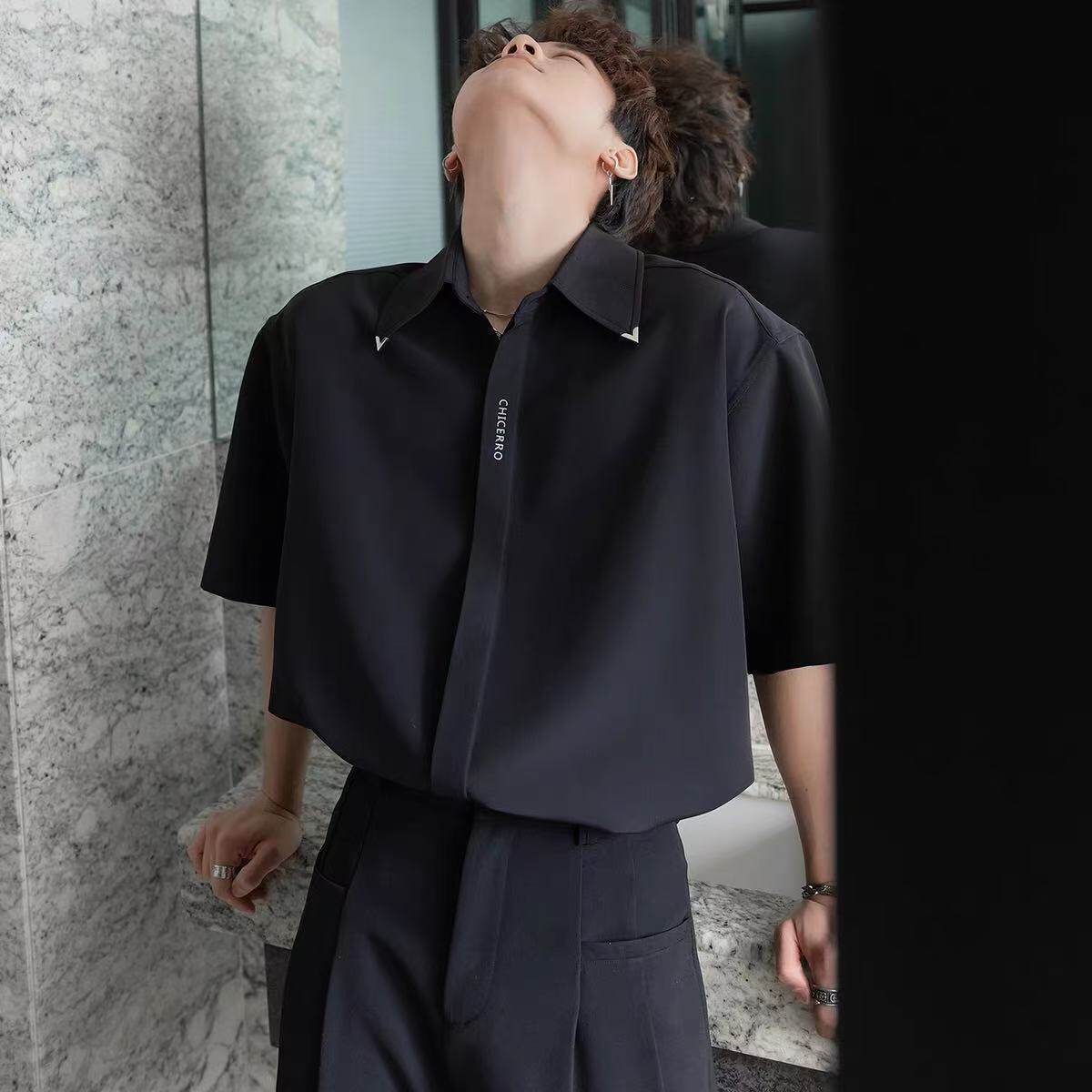 男士冰丝垂感衬衫短袖2026新款夏季衬衣高级感痞帅宽松超好看t恤