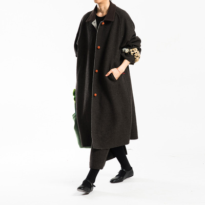 城市山民UrbanTribe2026春女式羊毛混纺插肩袖手工扣大衣CF59054