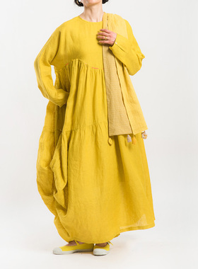 城市山民UrbanTribe女式亚麻廓形连衣裙配衬裙CF99214