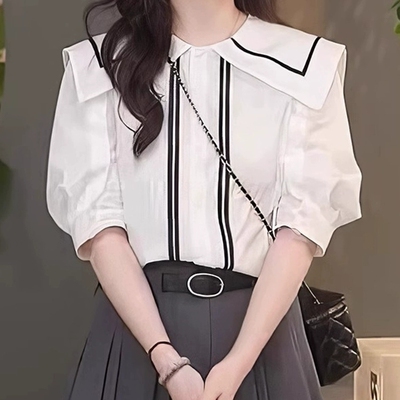黑白撞色海军领短袖衬衫夏季独特别致漂亮小众衬衣休闲百搭上衣女