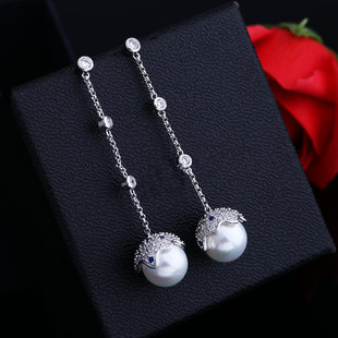 珍珠水晶耳环女纯银长款韩国气质个性百搭流苏复古无耳洞耳坠饰品