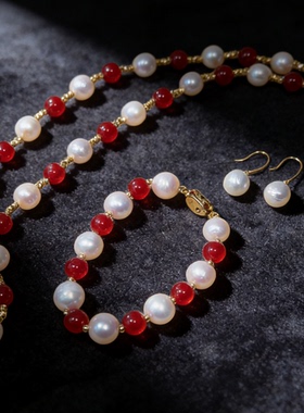 【新年圣诞三件套】天然淡水爱迪生珍珠项链红色玛瑙长链手链耳环