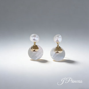 「贝壳珍珠屿」天然淡水珍珠圆巴耳环贝壳金属风时尚 百搭款