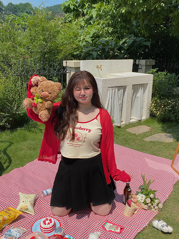 [2개에 10개 할인 3개에 20개 할인] 얇은 자외선 차단 니트 가디건 + 노화방지 프린트 조끼와 서스펜더 슬리밍 세트