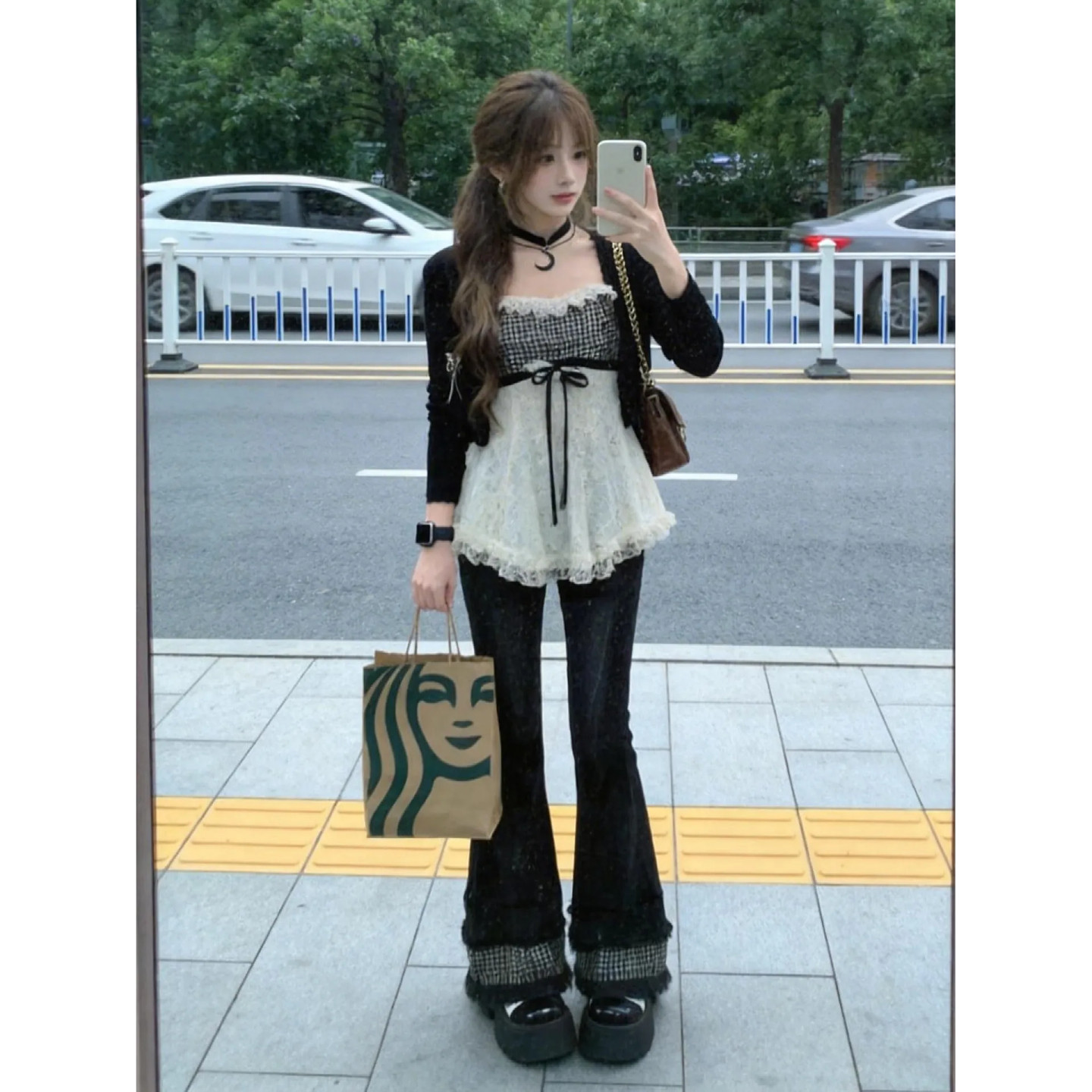 thumbnail for Plus-size plus-size plus-size girl Korean style slimming design internet celebrity plaid lace patchwork camisole top cardigan set for women