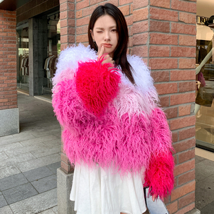 秋冬新款小众粉渐变撞色毛毛皮草外套女仿滩羊毛长毛毛短款彩色