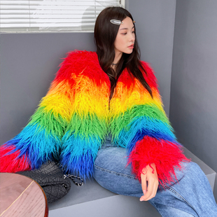 红橙黄绿行走的色板环保毛毛外套滩羊毛彩色短款秋冬街头小众时尚