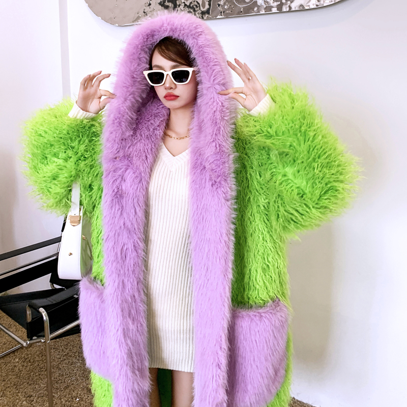 果绿环保皮草长款宽松大翻领毛毛外套女滩羊羔毛大口袋大衣加棉厚