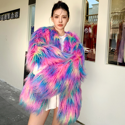 皮草外套年轻款保暖时尚2024彩色秋冬仿滩羊毛羊羔毛毛中长款大衣