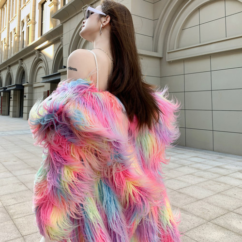 爱璐宝丹欧美仿滩羊毛长款大衣西服翻领个性仿皮草外套女新品特价