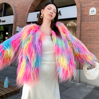2025年新款粉彩色滩羊毛秋冬女长袖短款时尚皮草外套仿毛羊羔毛