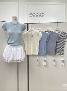 法式蝴蝶结镂空短袖针织t恤女设计感甜美小个子修身显瘦正肩上衣