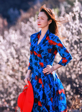 white collar红玫瑰真丝V领半围裹七分袖连衣裙HMEIG23-301