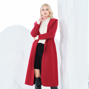 白领中驼深红羊毛强缩绒带帽领系带长袖长开衫  YMRONG21-801