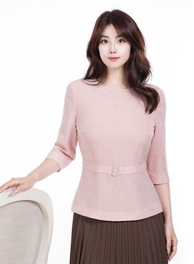 white collar粉色薄醋酸圆领后拉链六分袖上衣BCUS0FA602