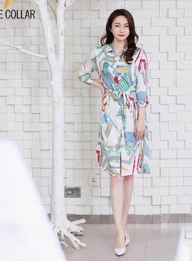 white collar彩色链条真丝方领暗门襟系带七分袖连衣裙GSN23-309