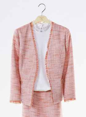 white collar小香风桔色粗纺V领流苏九分袖上衣OL-JUCF23-601