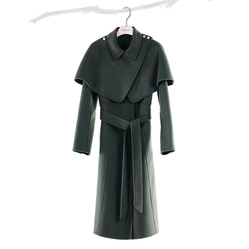 白领秋冬军绿波纹双面方领披肩暗门襟系带收腰长大衣lovbsc21-901