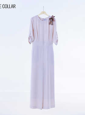 white collar米色圆领系袢七分袖宽腿连身裤E-WSB23-LSK01