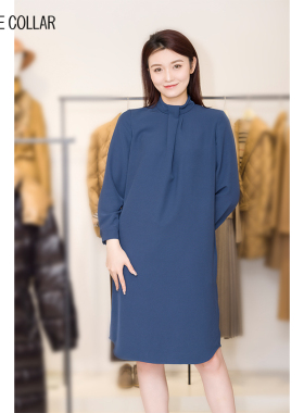 white collar兰灰弹力麻纱立领压皱后拉链长袖连衣裙TLMAS0FA302
