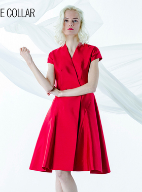 白领红色丝毛立V领小盖袖双排扣大A摆礼服连衣裙GNBJ18-323