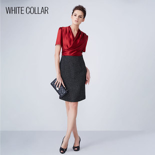 连衣裙HEIYIND10 白领黑银点拼V领半围裹短袖 3011 专柜款