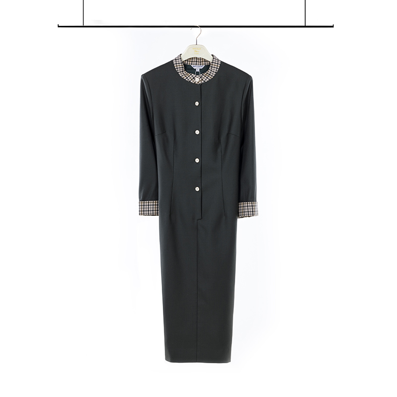 白领拼绿格半开九分袖