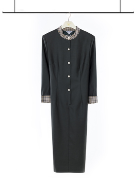 white collar军绿羊毛立领拼绿格半开九分袖连衣裙OL-JULVM0FL301