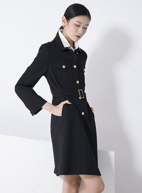white collar黑色军旅风方领双上兜开衫式系带连衣裙NIN0FL301