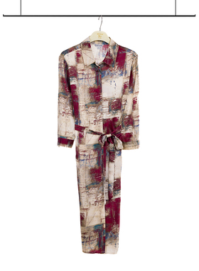 white collar绘画弹力真丝方领暗门襟开衫式七分袖连衣裙TS0FL301