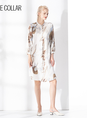 白领真丝大理石纹小立领开衫式包扣长袖系带连衣裙 GSS22-301
