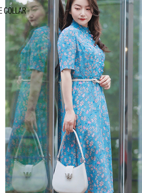 white collar兰粉碎花真丝花边立领短袖连衣裙TS03L307