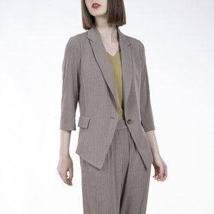 white 上衣NTIAOWZ0FA601 collar奶咖新条纹褶戗驳领一粒扣七分袖