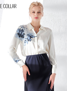 白领夏女士真丝白色上青水墨定位花方领暗门襟长袖衬衫GSS22-206